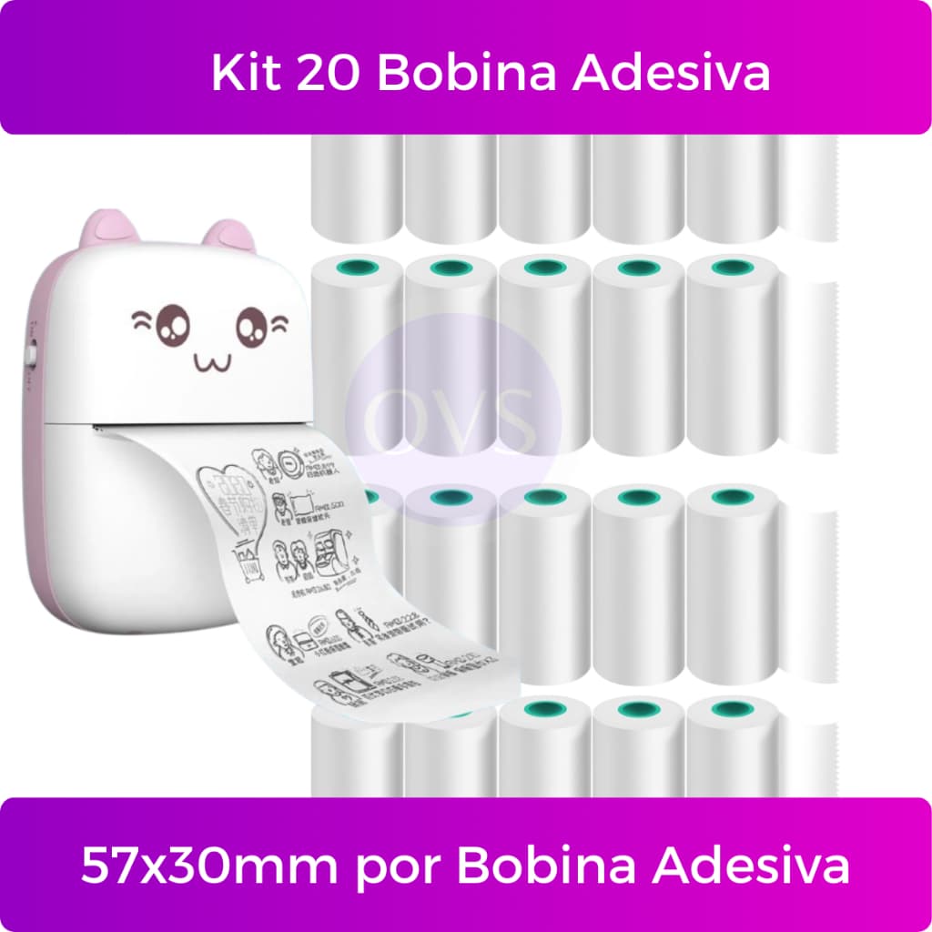 Kit 20 Bobina Etiqueta Termica Adesiva 57x30mm Branco Para Mini Impressora Portátil