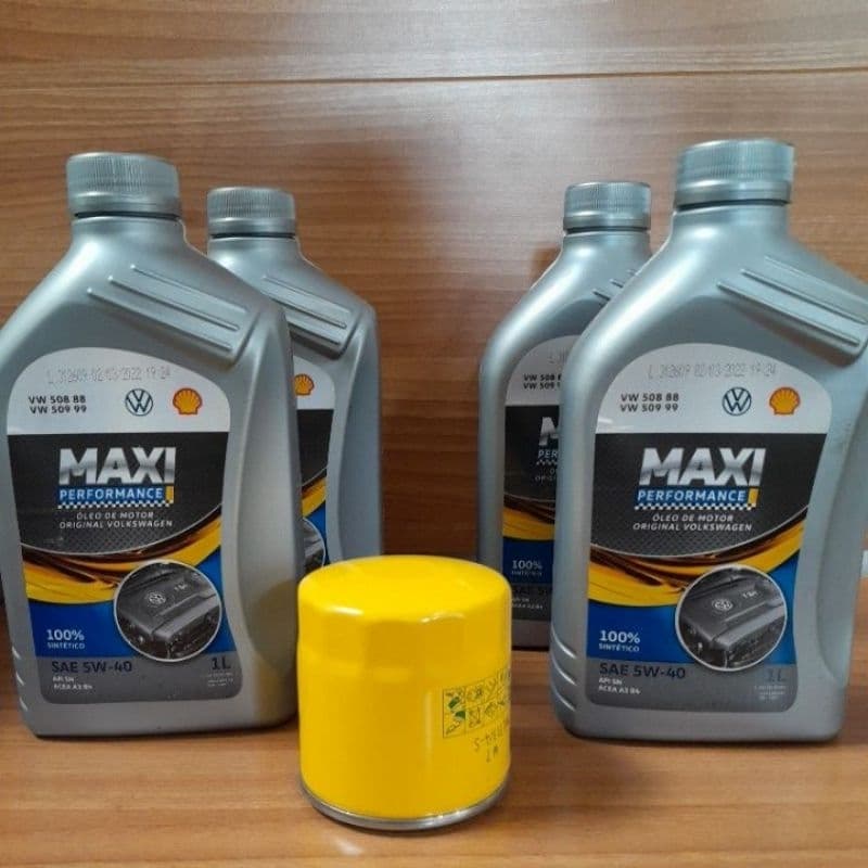 Kit Oleo 4 litros e filtro oleo Volkswagen Original 508 509 maxi Shell 5w40 API-SN100% Sintético