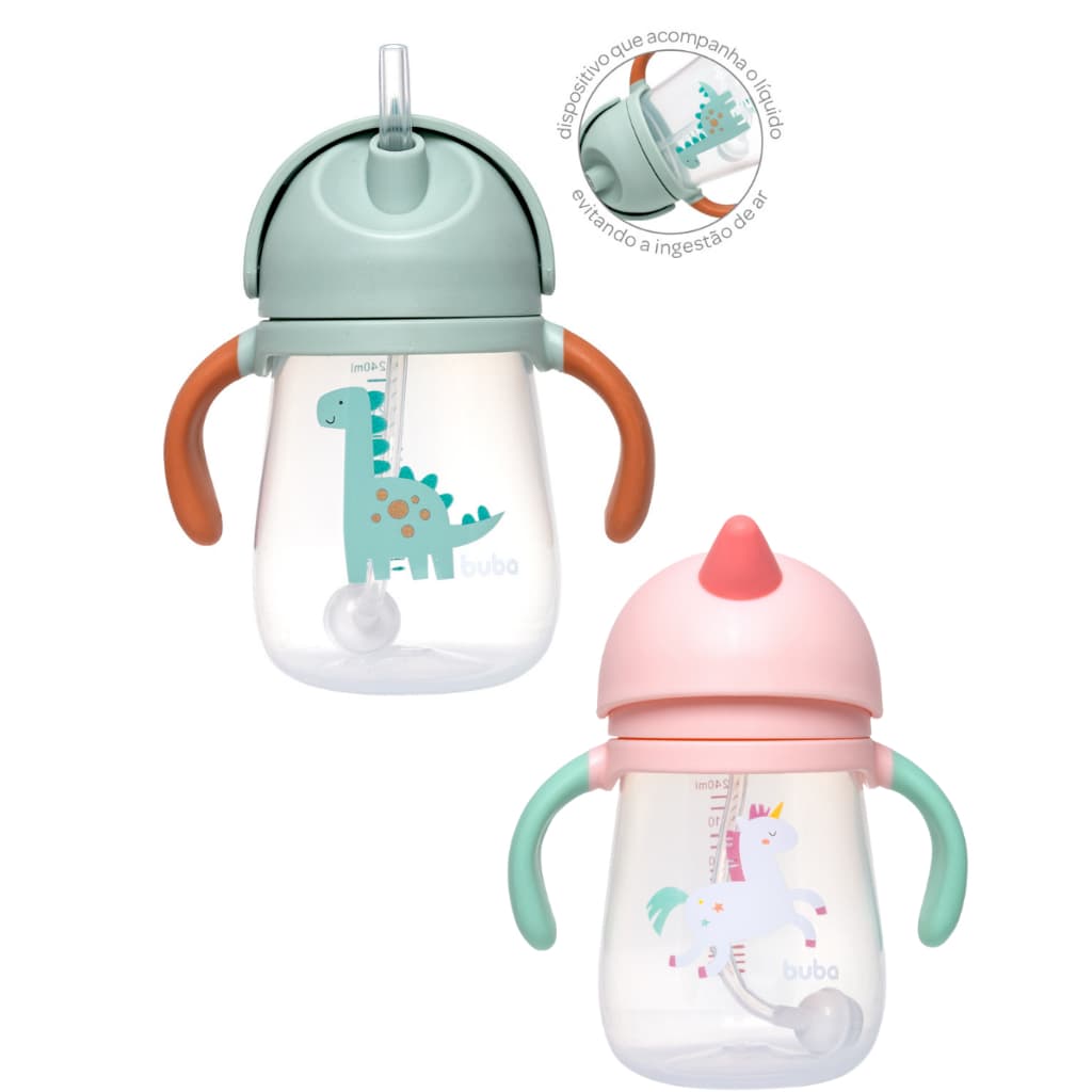 Copo Transição Dino Unicórnio Para Bebe Criança Com Canudo Silicone Treinamento Valvula Buba