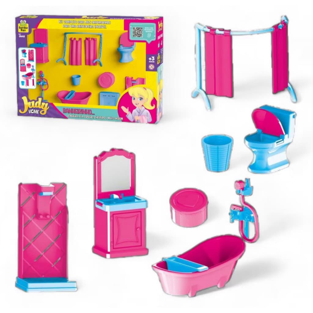 Coleção Brinquedo Casinha de Boneca Infantil Judy Polly Home Banheiro Com Móveis