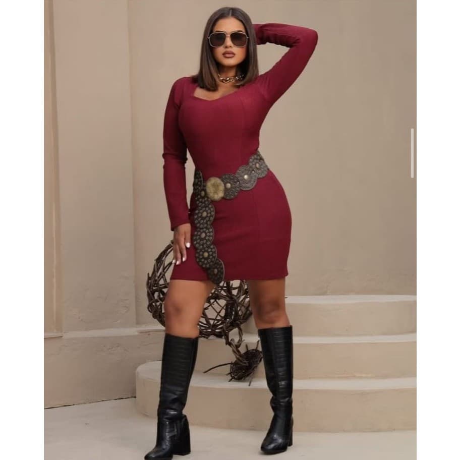 Vestido canelado premium, vestido curto com manga longa, gola v, simples, elegante, casual, colado, frio, noite.
