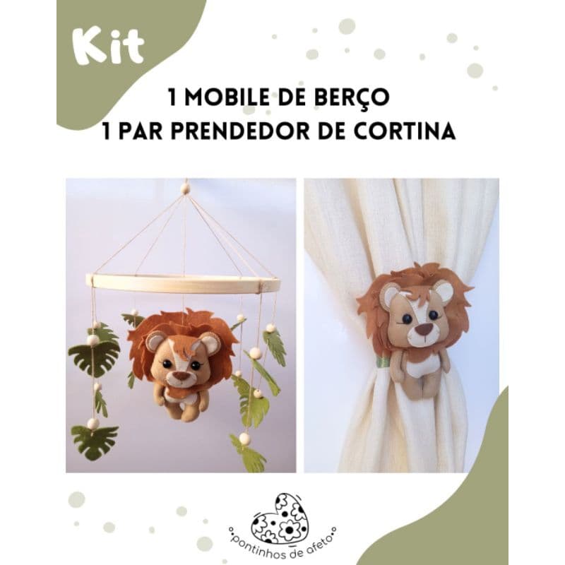 Kit Quarto Safari Feltro - 1 Móbile de Berço + 1 Par Preendedor de Cortina Leãozinho