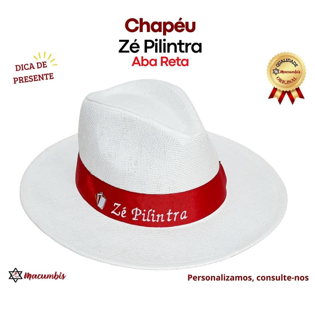 Chapéu Zé Pilintra Panamá Aba Reta Branco Fita Vermelha Bordada Ze Pilintra Umbanda Candomblé