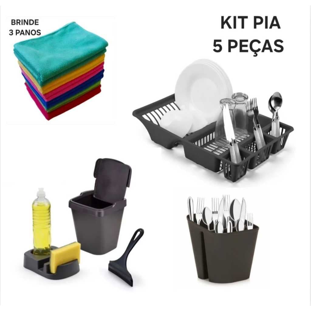 Kit Cozinha 5 Pecas Com Porta Detergente +Rodinho + Lixeira Pia + Escorredor Talheres  + Escorredor Louça +Panos Brinde