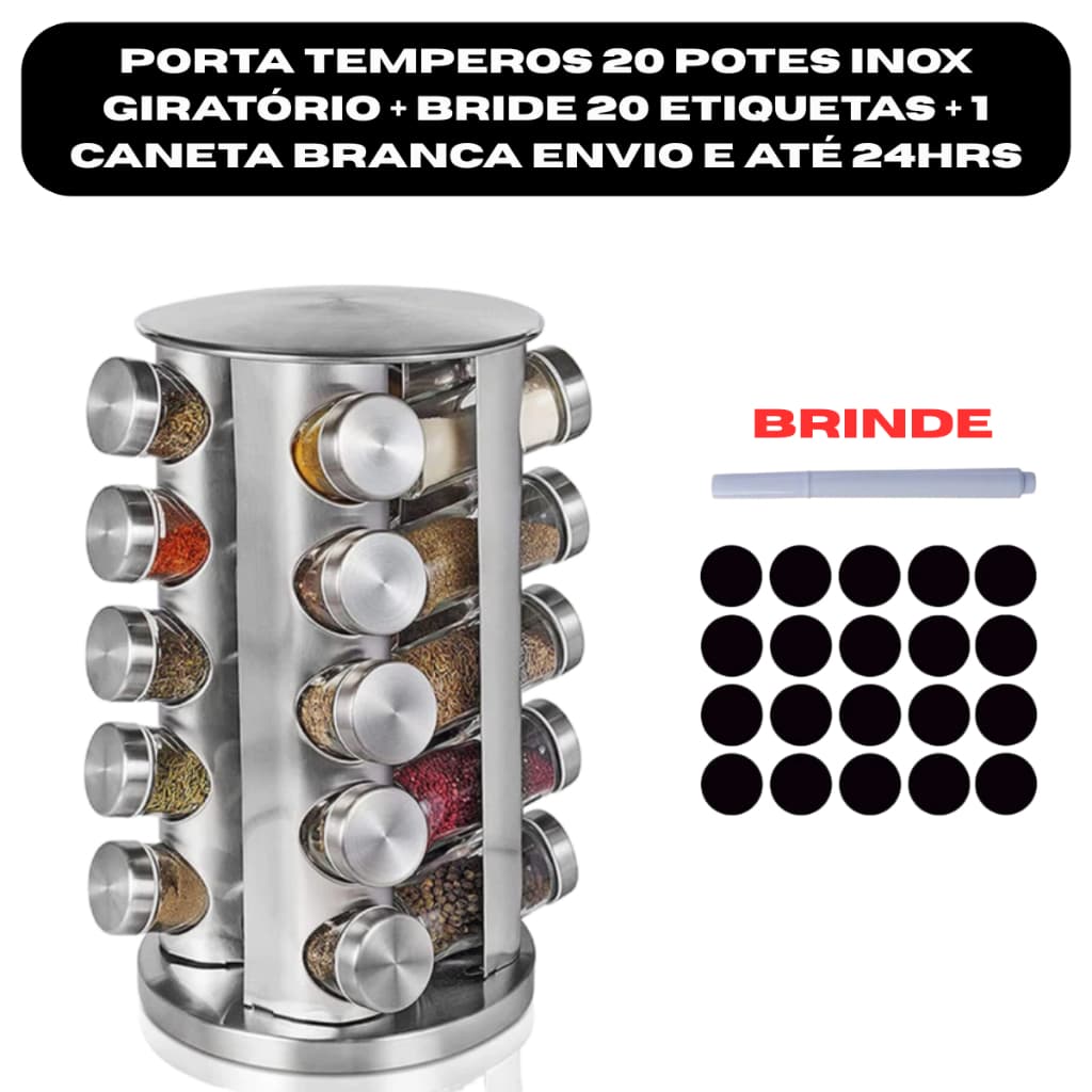 Porta Tempero Condimento Inox Giratório Com 16 Potes Acompanha 20 Etiquetas + 1 Caneta Branca