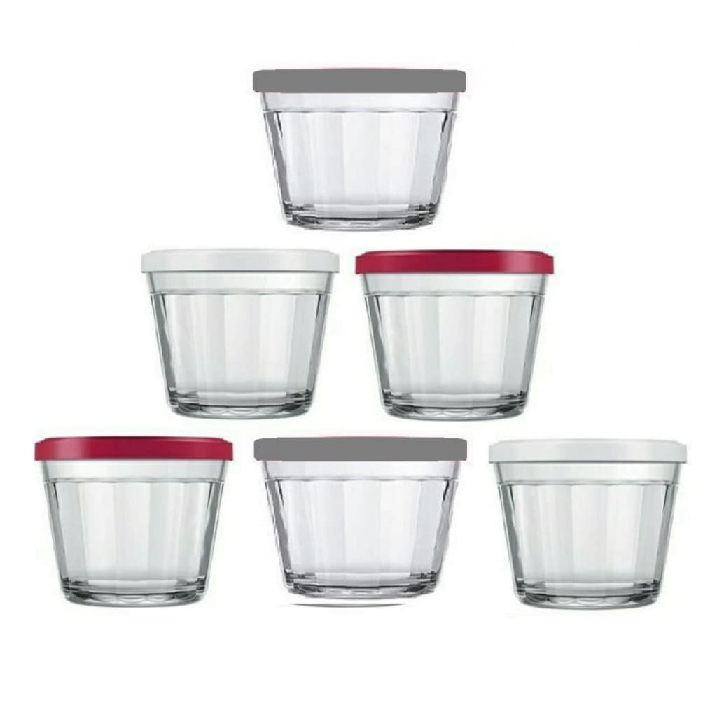 Conjunto de potes bowl de vidro 150ml. com tampa colorida.