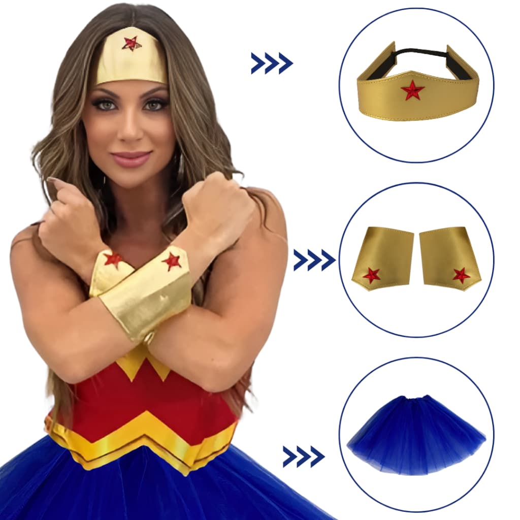 Kit Fantasia Feminina Mulher Maravilha com Tiara, Braceletes e Saia de Tule