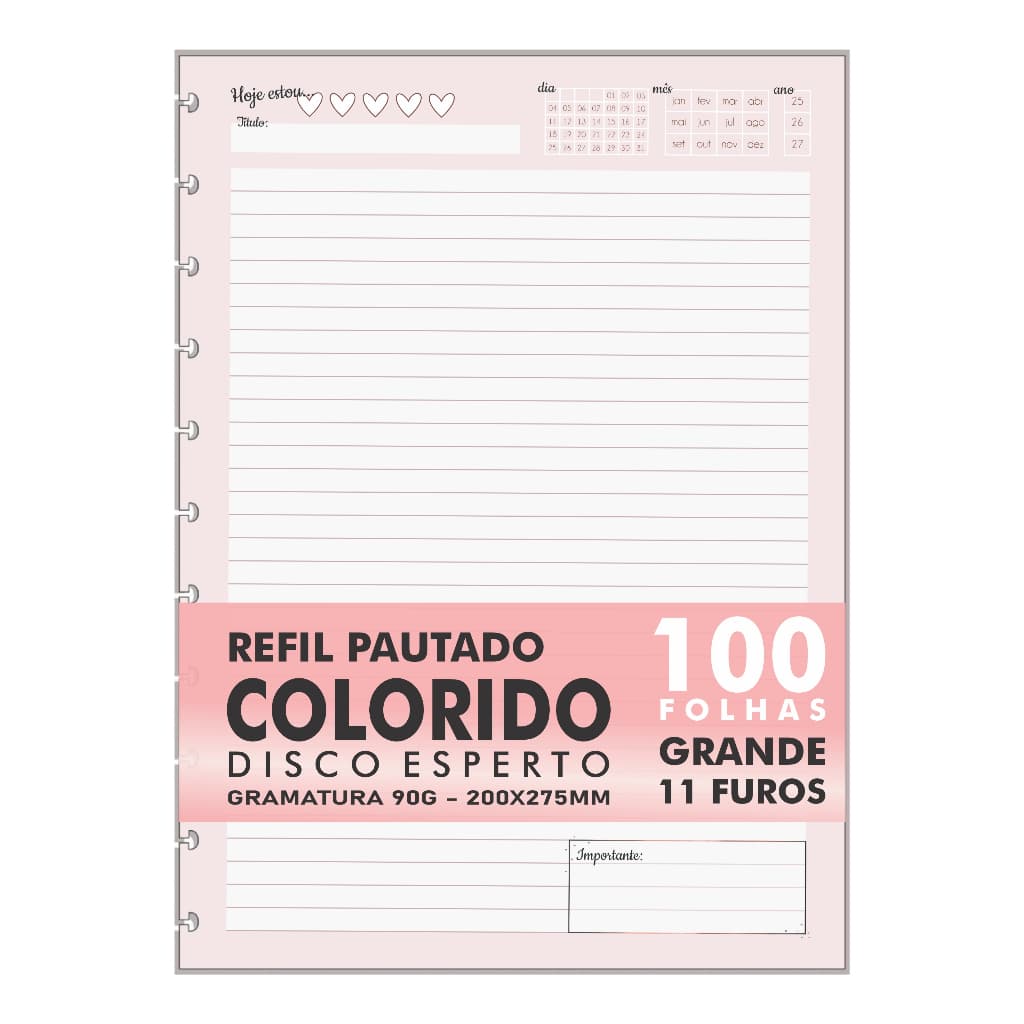 Refil Genérico Colorido Grande 11 Furos Feminino Rosê Compatível Cadernos de Discos e Inteligente