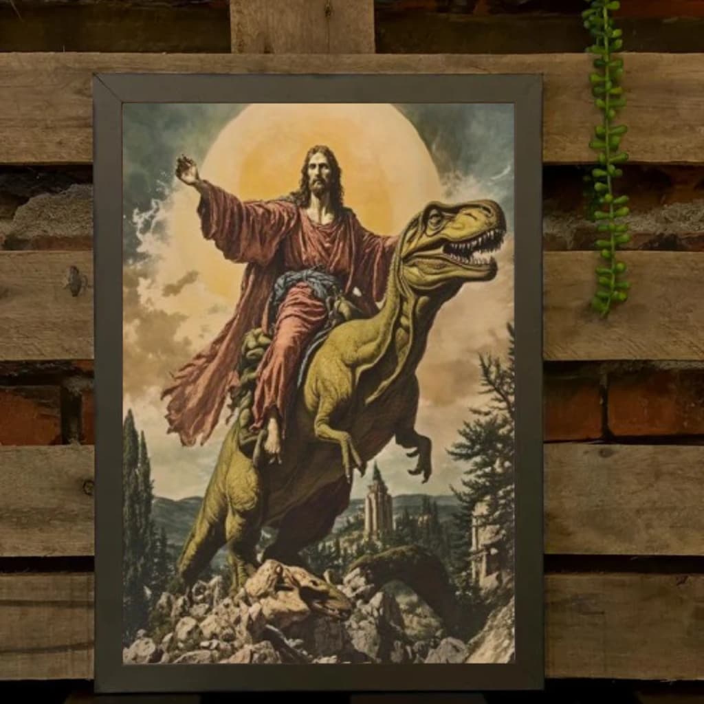 Quadro Decorativo Divertido Religioso Cristão Jesus Cristo Dinossauro com Moldura Impressão de Alta qualidade