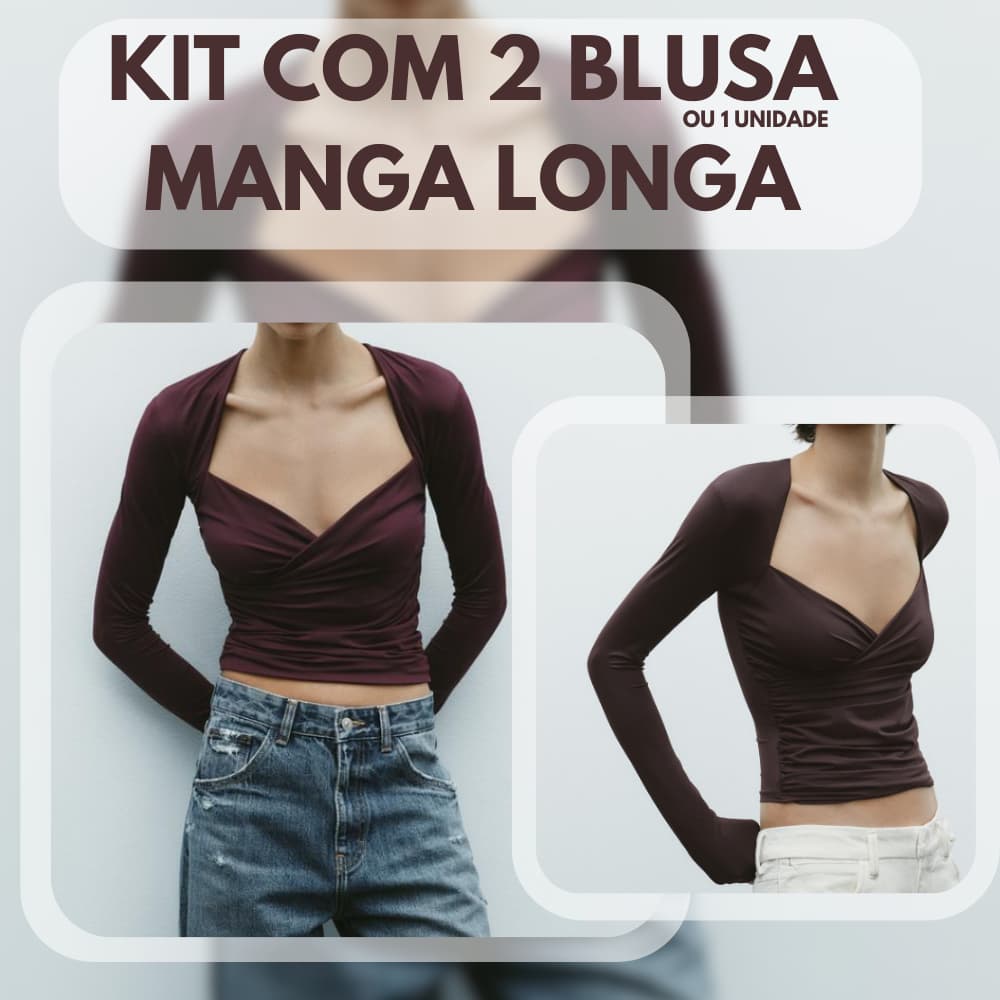 UNIDADE OU KIT COM 2 BLUSA FEMININA MANGA LONGA SEGUNDA PELE DECOTE TRANSPASSADO COM FORRO DUPLO MODA OUTONO CORES LISAS