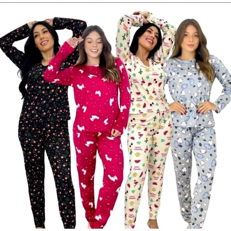 pijama feminino longo estampado sem botão