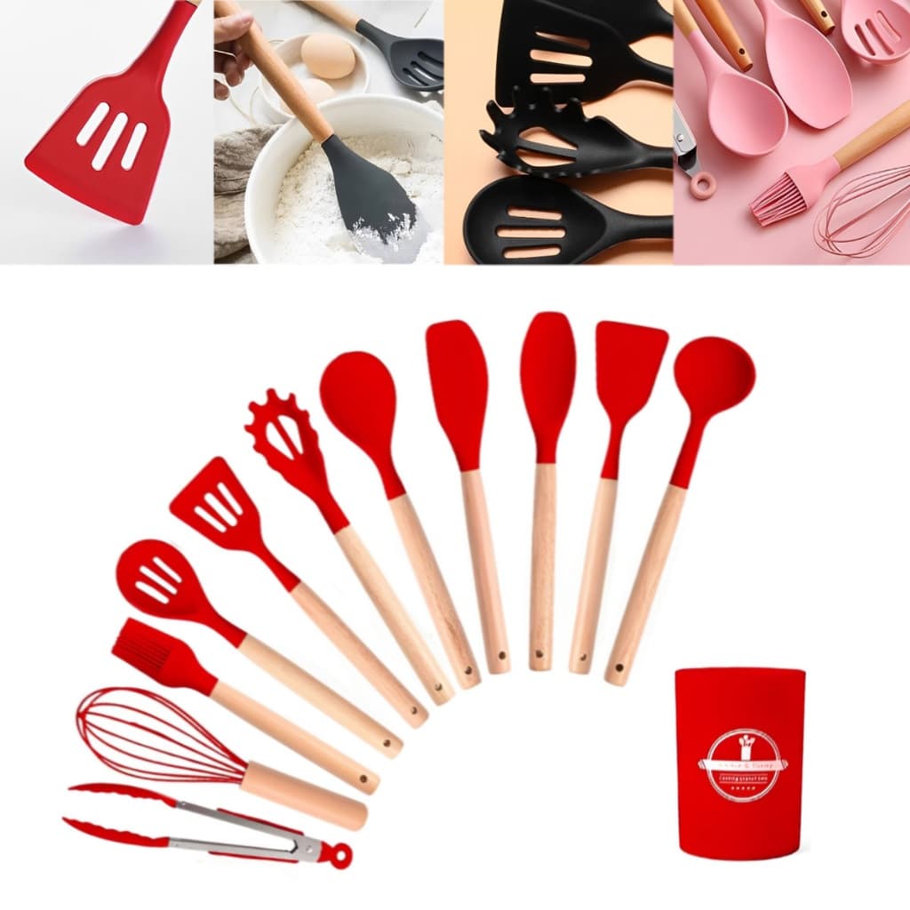 Jogo Utensílios De Cozinha De Silicone 12 Peças Com Suporte