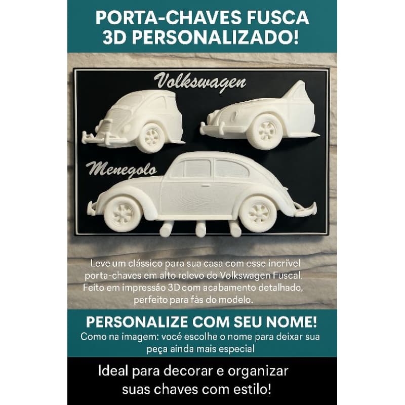 Porta-Chaves Fusca 3D Personalizado | Alto Relevo Decorativo Parede Carro Clássico