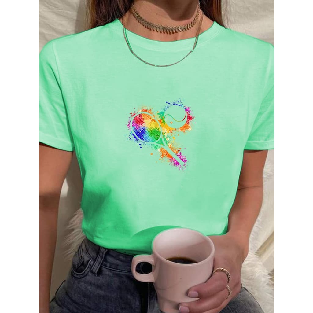 Camiseta Feminina Babylook t shirt raquete colorida beach tenis tennis esporte 100% Algodão