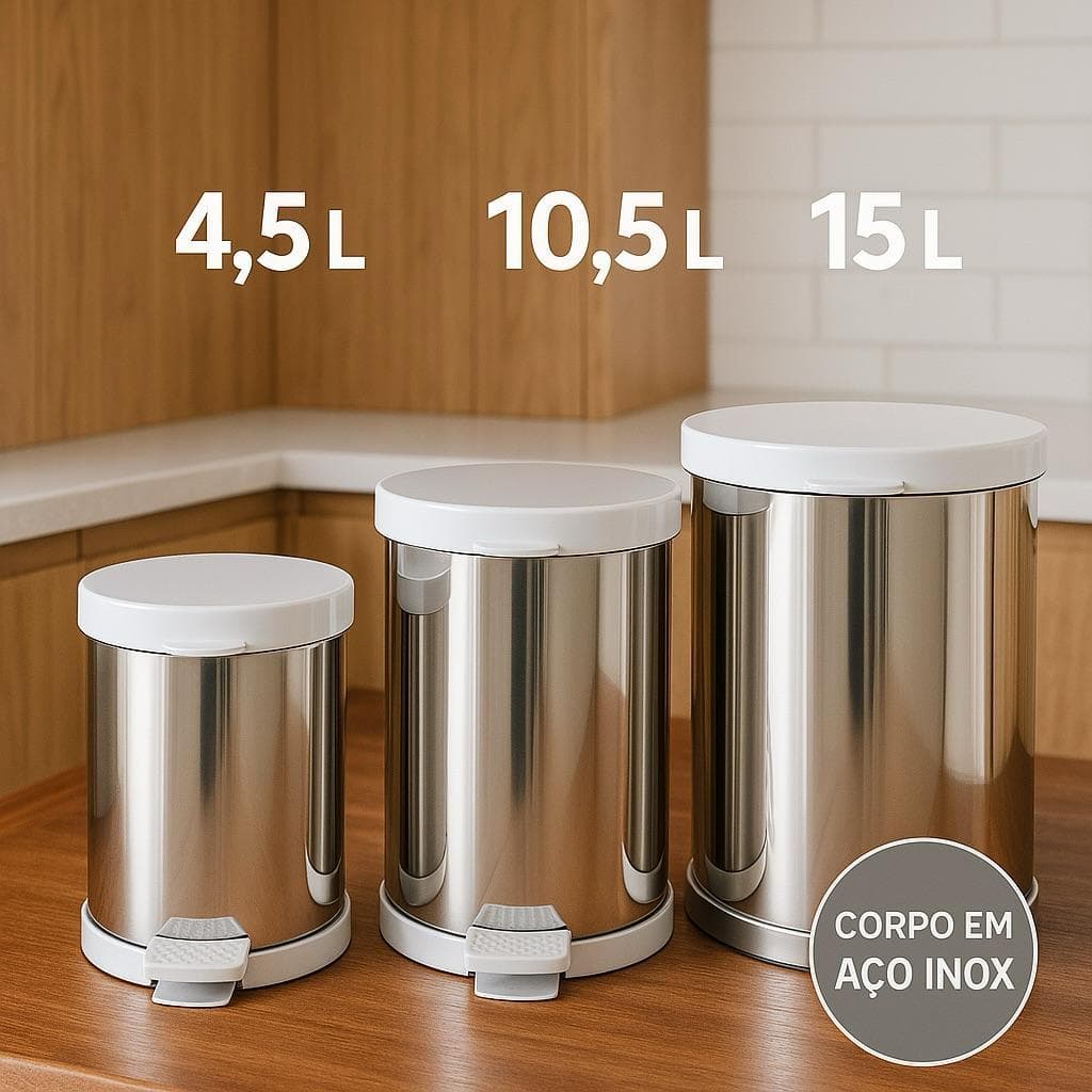 Lixeira Inox com Pedal 4,5L 10,5L 15L  Banheiro Cozinha e Escritório  Tampa e Cesto Removível