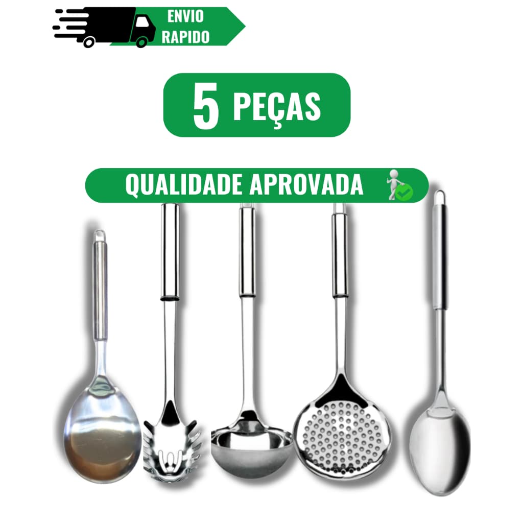 KIT 5 UTENSÍLIOS DE COZINHA AÇO INOX COLHER DE ARROZ CONCHA ESCUMADEIRA PEGADOR
