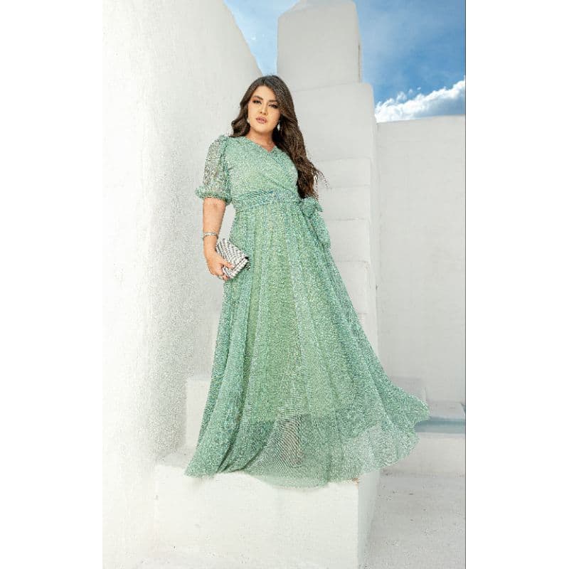 Vestido Feminino de Festa  Elegante Vestido de Tule Plissado Canelado Vestido Evangélico Luxo Madrinha