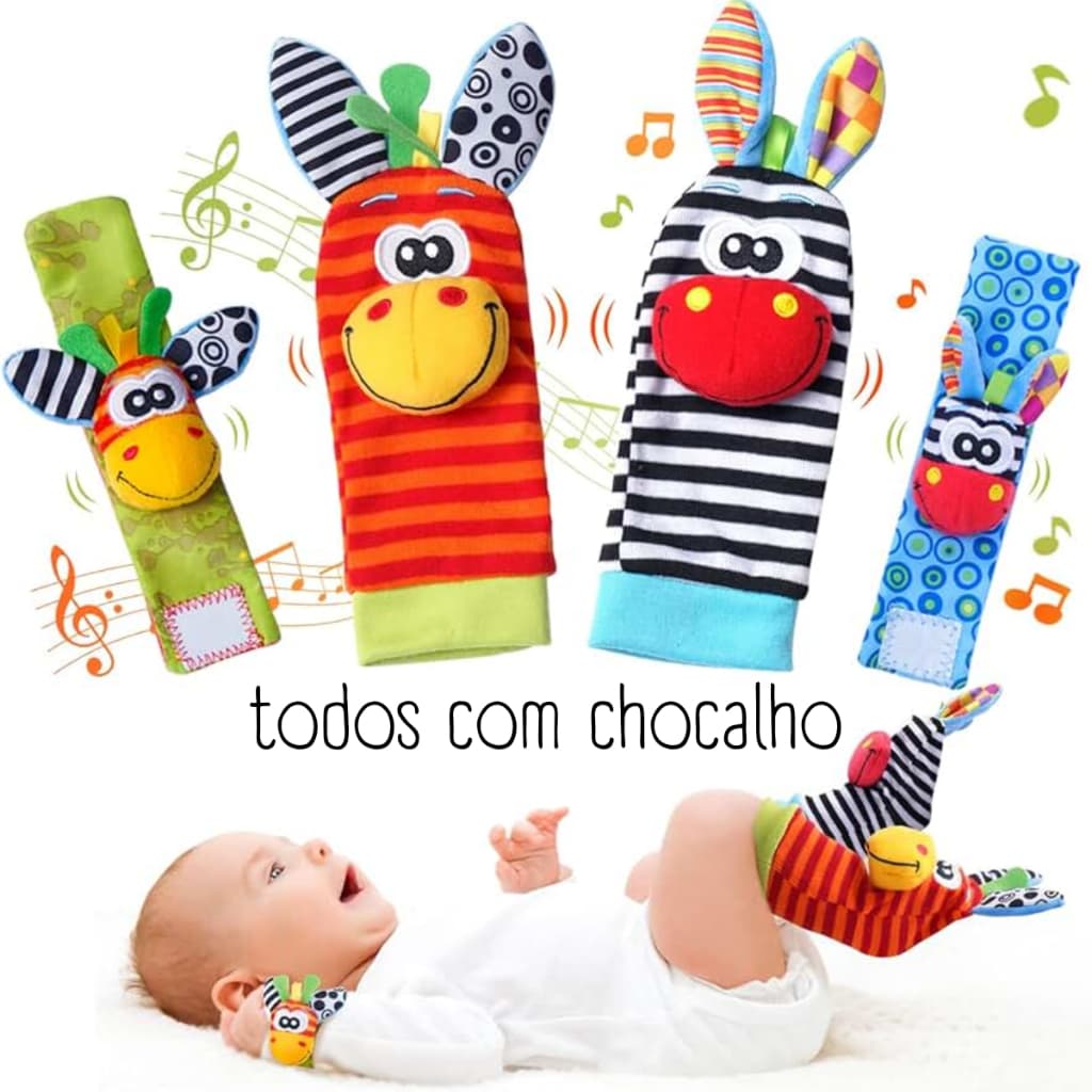Kit Meias E Pulseiras Com Chocalhos  Para Bebês Combo 0-1 Anos De Brinquedo Pacificador -Envio em 24 Hrs