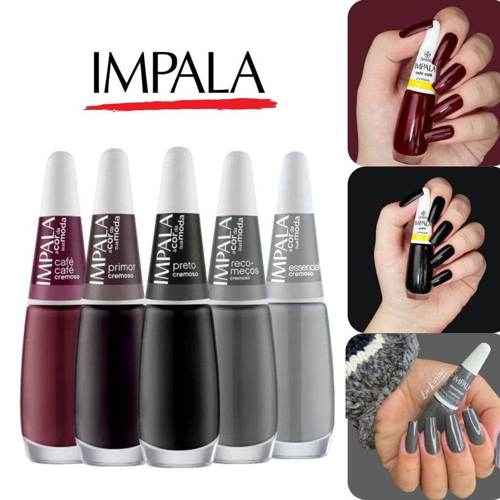 Kit 5 Esmaltes Impala Tons Preto, Cinza e Vinho Esmaltes Atacado Cremoso