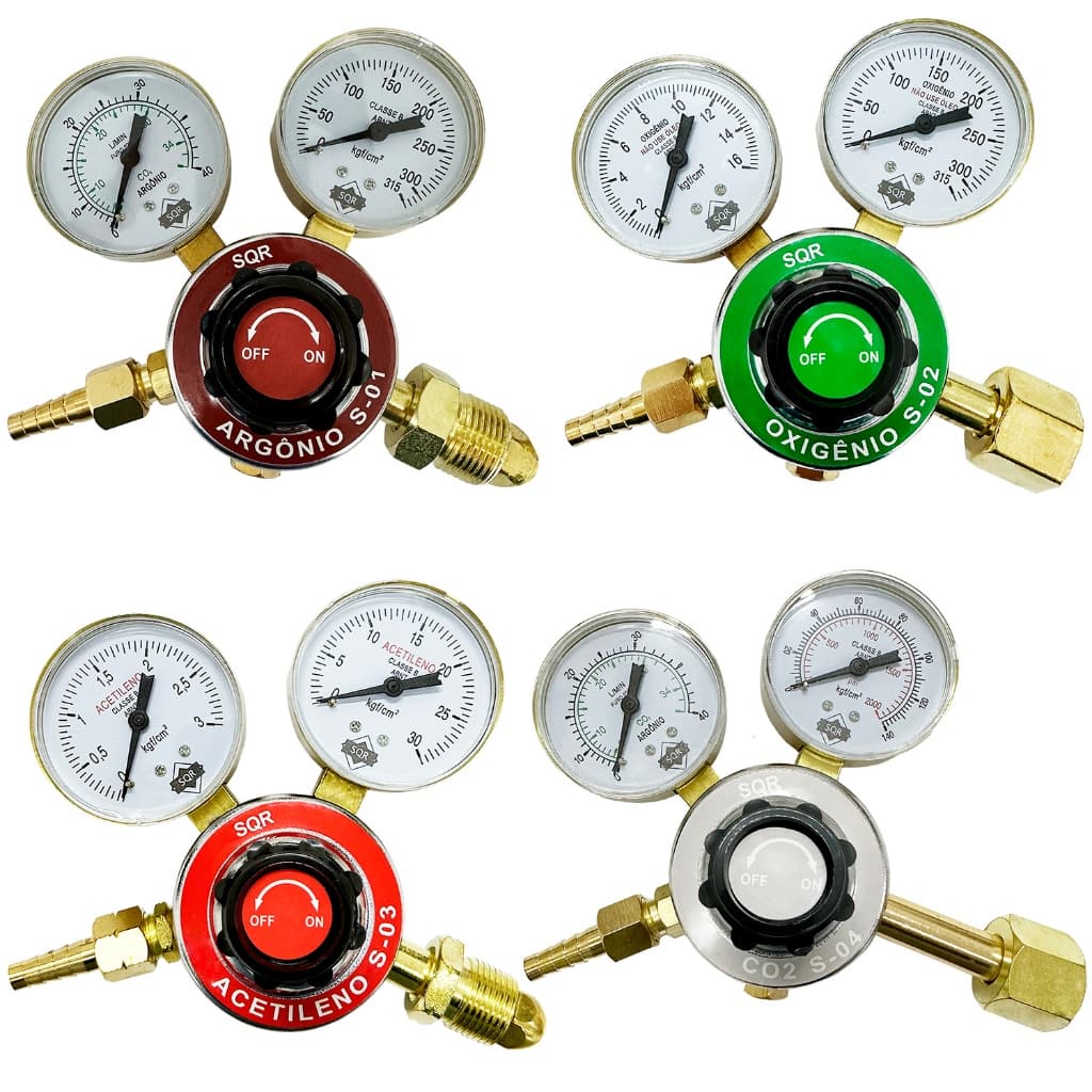 Regulador De Pressão Para Cilindro Com 2 Manômetros SQR Co2, Oxigênio, Acetileno, Argônio