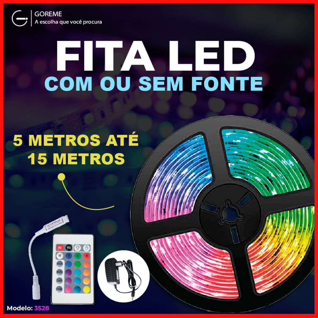 Fita LED 5050 Super Led Ultra RGB 15M 12v 300 Leds | Fita + Controle + Fonte | 16 Cores IP20