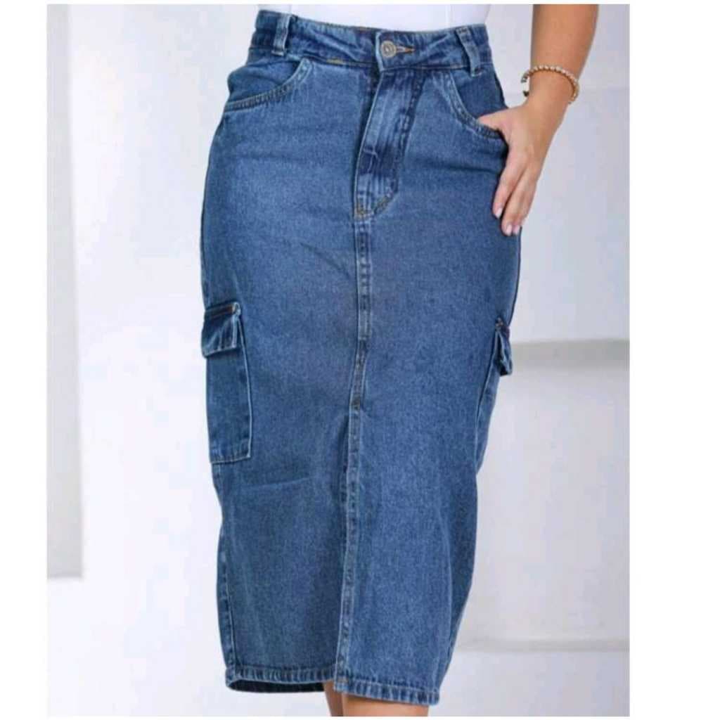 Saia Midi Jeans Feminina Cargo Saia Midi Evangelica com Bolso Lateral