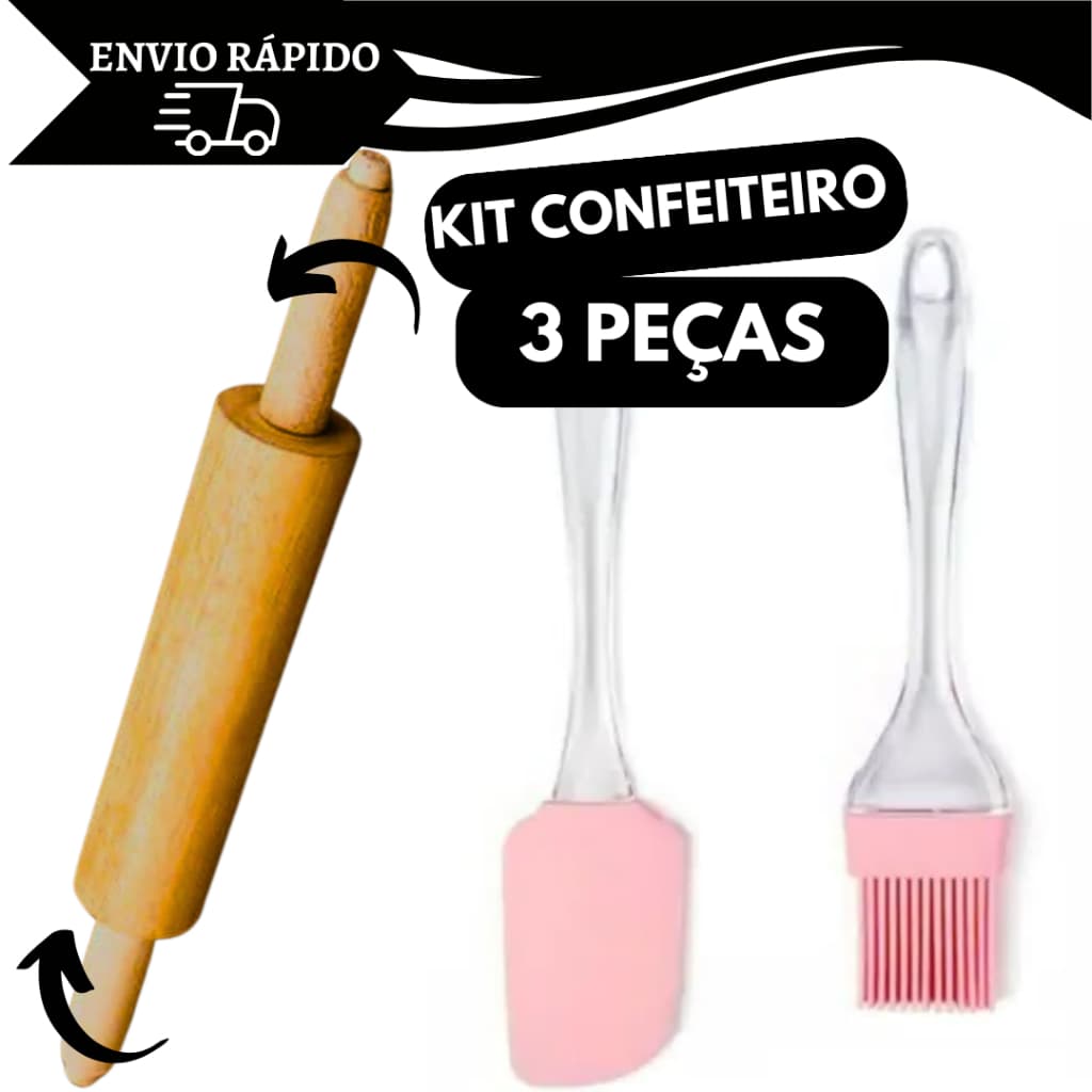 Kit 3 Itens Para Culinária Espátula De Silicone + Pincel De Silicone + Rolo De Madeira Para Massas