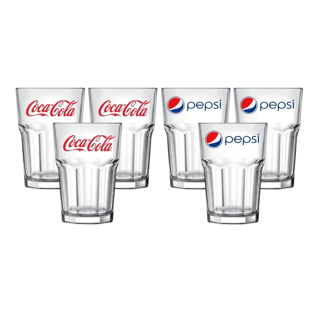 Jogo 12 Copos Vidro Grosso Temáticos Coca Cola / Pepsi Personalização em Verniz Alta Aderência 350ml