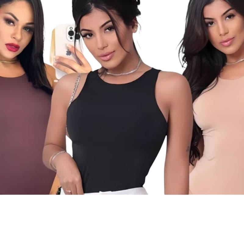 KIT Com 3 Body Femenino Decote Quadrado com Forro,confeccionado em Suplex,Alça Larga,
