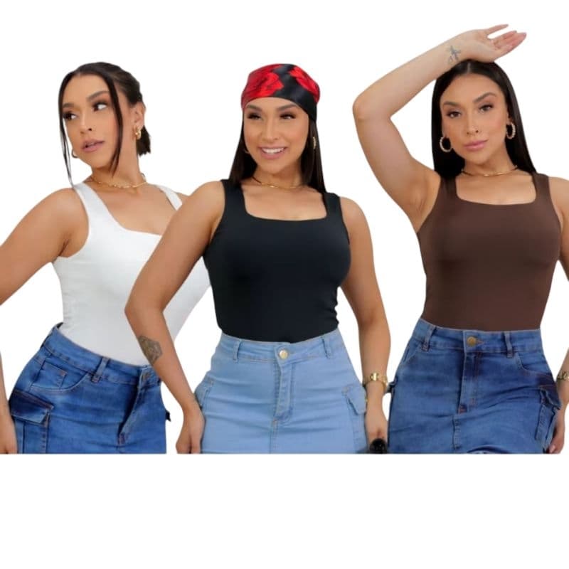 kit com 3 Body Feminino,Confeccionado em Suplex,com Forro,Alça Regata,decote Quadrado