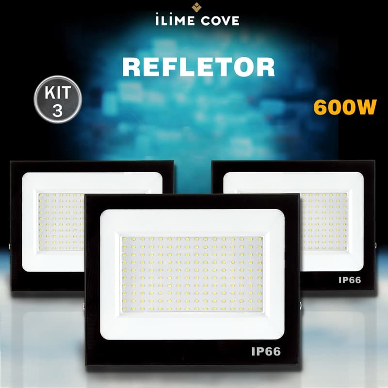 Kit 3 Refletor LED 600W Holofote Bivolt Super Brilhante e Econômico IP66 à Prova d'Água Luz Frio