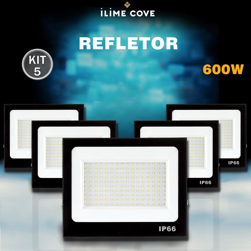 Kit 5 Refletor LED 600W Holofote Bivolt Super Brilhante e Econômico IP66 à Prova d'Água Luz Frio