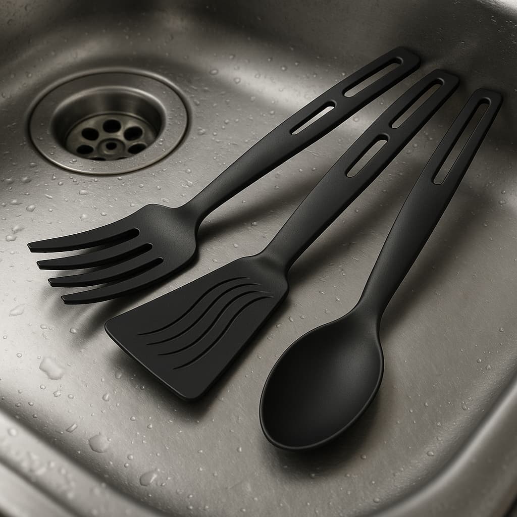 Kit 3 Utensílios Cozinha Nylon Colher Espátula Garfo Resistente e Antirrisco