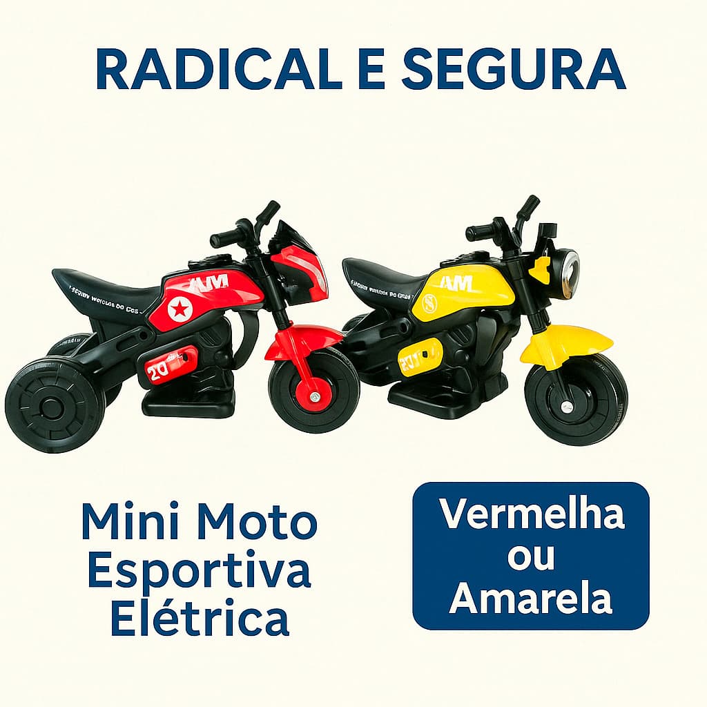 Mini Moto Esportiva Elétrica Infantil Triciclo Motinha –Vermelha ou Amarela | 3+ Anos | Bateria Recarregável Até 30kg