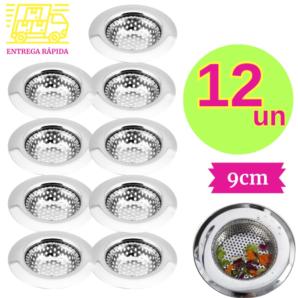 Kit 12 Ralinhos Ralo Para Pia Tanques 9cm Aço Inox Premium Com Borda Duradouro Utensílios Cozinha