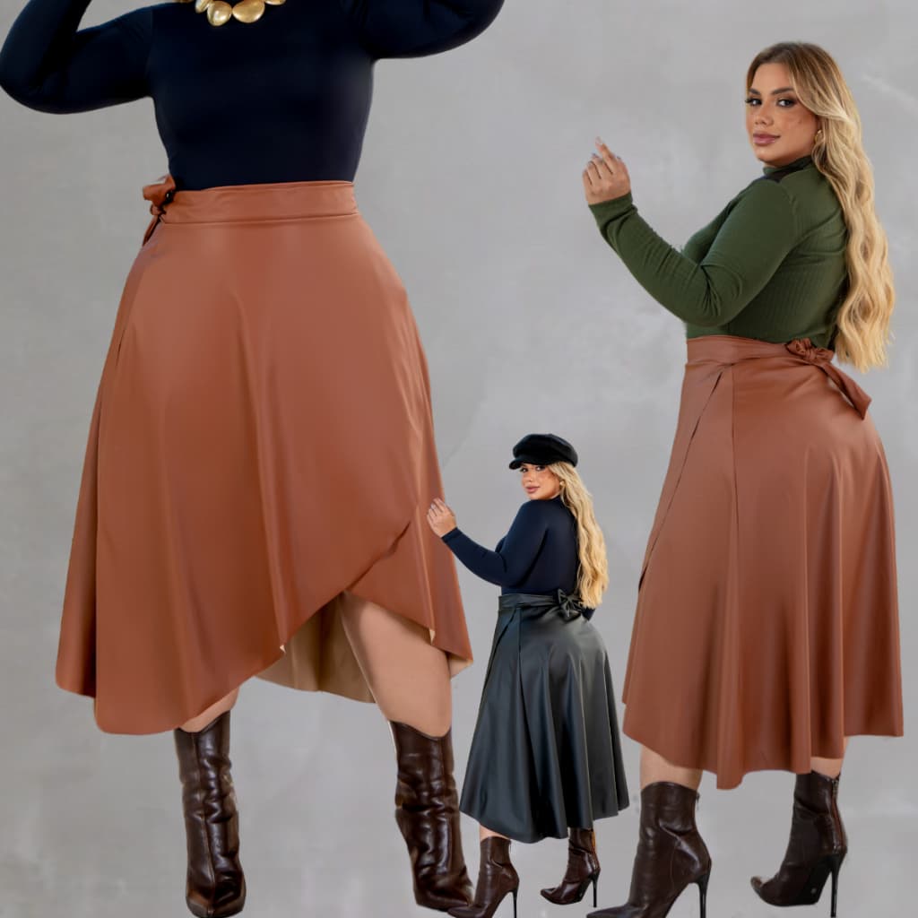 Saia Plus Size Gode Moda Evangélica Courino Transpassada Ajustavél
