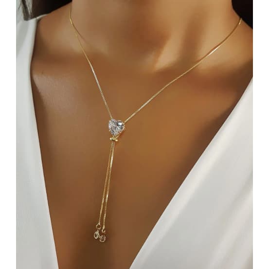 Colar Cordão Pingente Coração Cristal-6767 Gargantilha Gravata Temperamento Feminino e Moda Diária