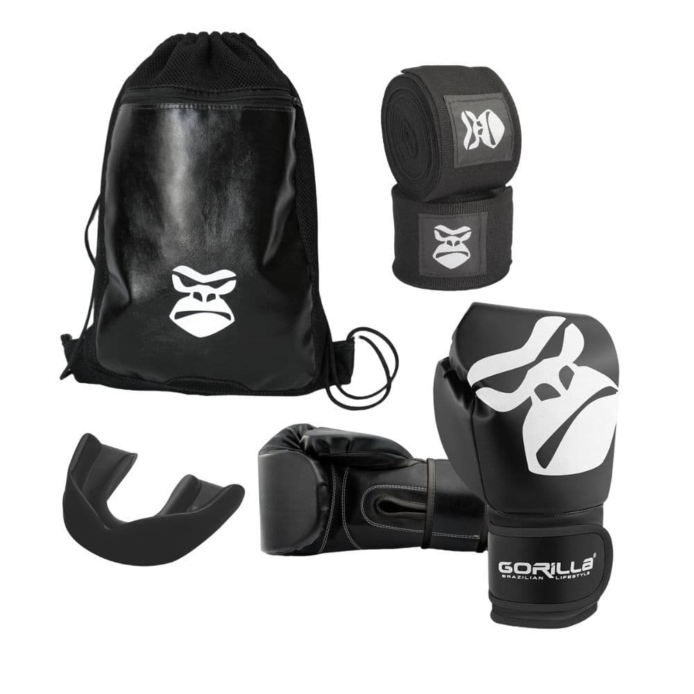 Kit Luva De Boxe 12 Oz + Bandagem Fita Atadura 3 MT + Protetor Bucal +Mochila Costa Bag Saco Gorilla