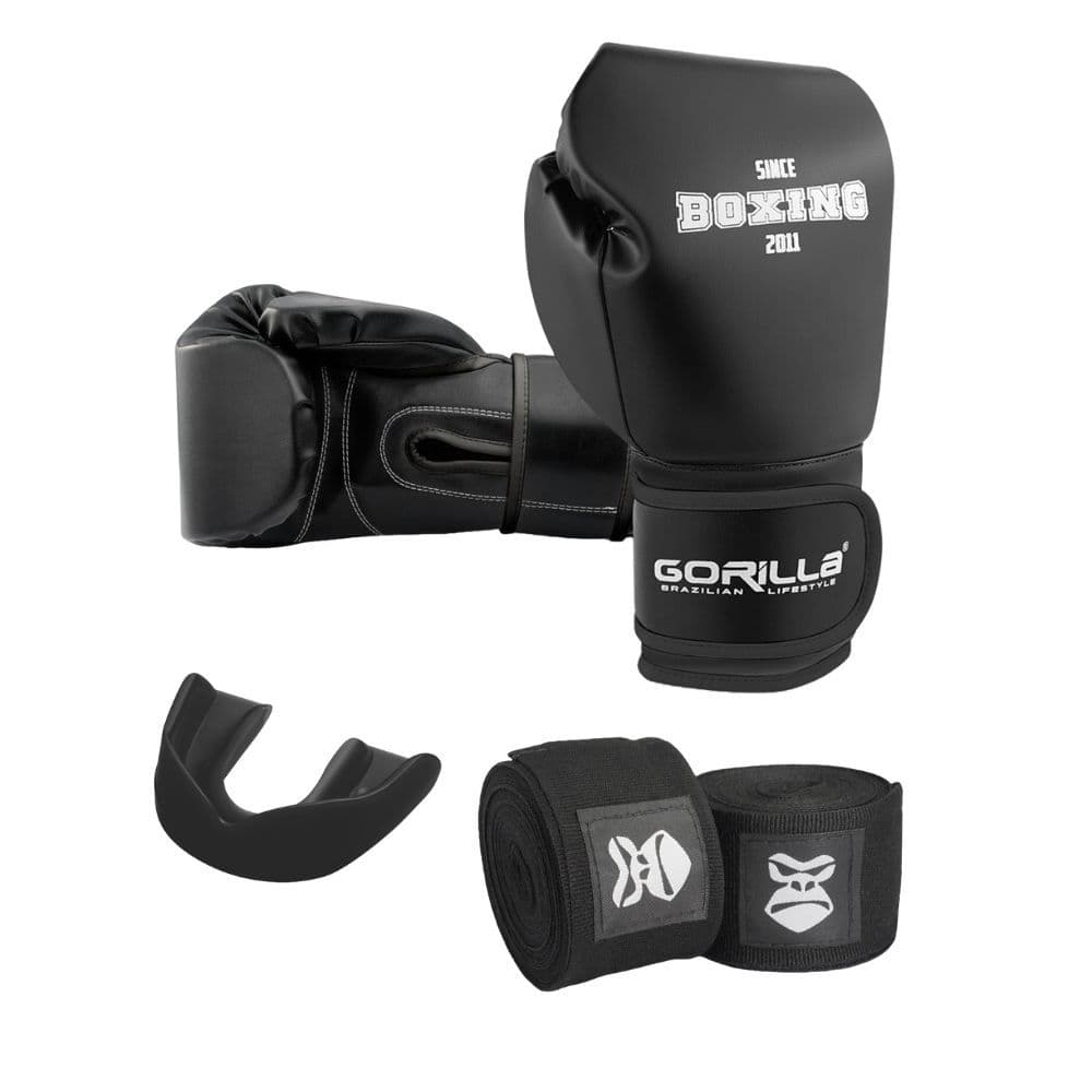 Luva De Boxe Muay Thai 12 Oz Profissional + Bandagem Elástica 3 M + Protetor Bucal Moldável Gorilla