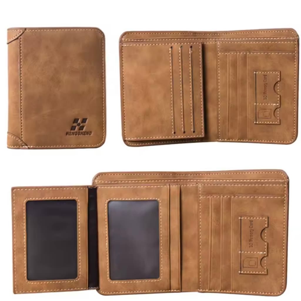 Carteira Masculina De Couro Sintético Fosco Com Três Dobras / Bolsos + Carteira Para Cartões