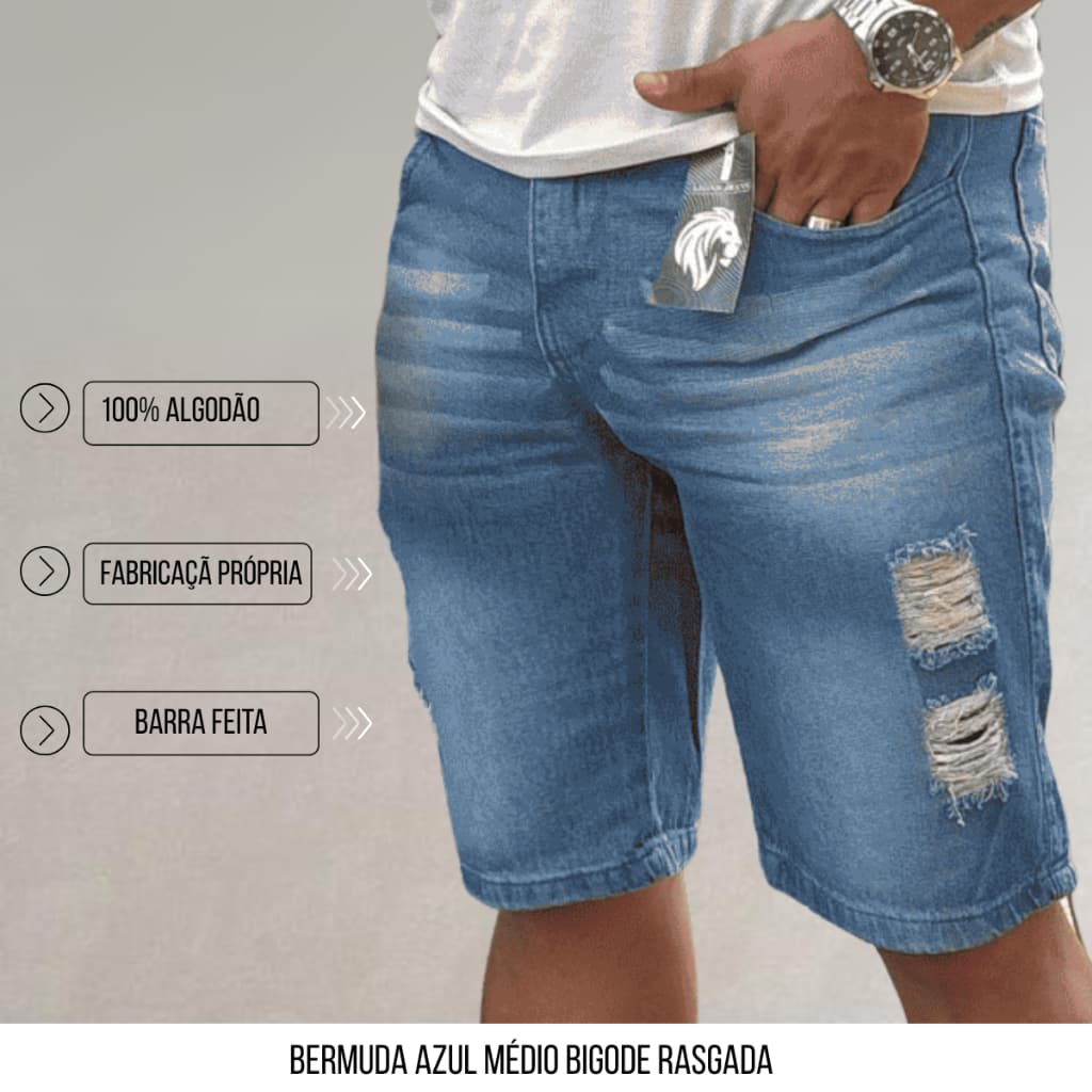 Bermuda Jeans Masculina Variações Destroyed Rasgada Descoladas e Estilo Jovem Casual - Tendência