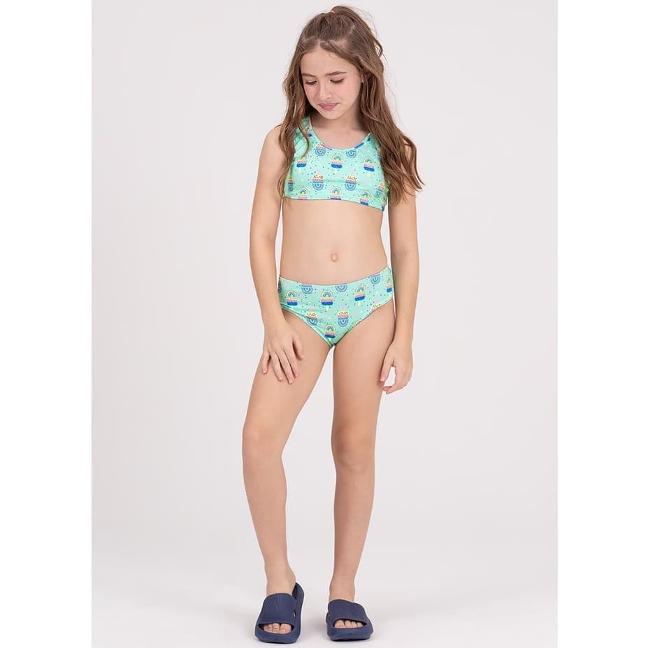 Conjunto Infantil Cropped UV 50+ Corações Verde