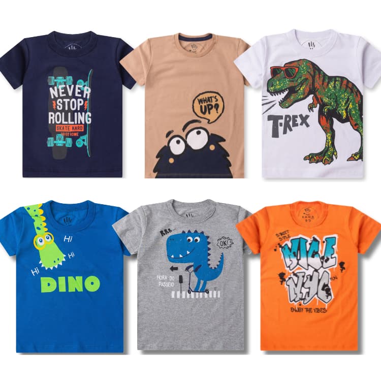 Kit Sortido 3 ou 5  Camisetas Manga Curta Estampada Masculina/Menino Infantil e Juvenil do 1 ao 14