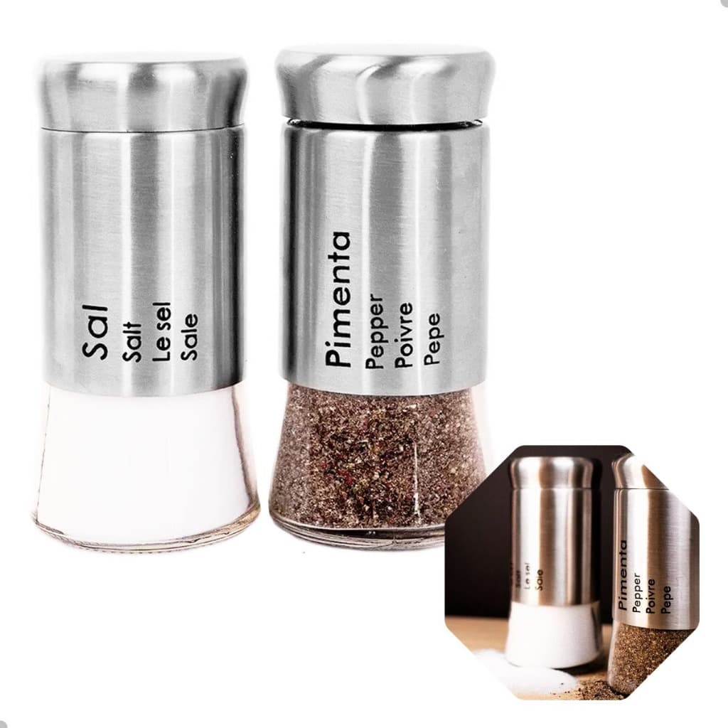 Conjunto de Saleiro e Pimenteiro em Aço Inox e Vidro, 2 Peças, Design Moderno