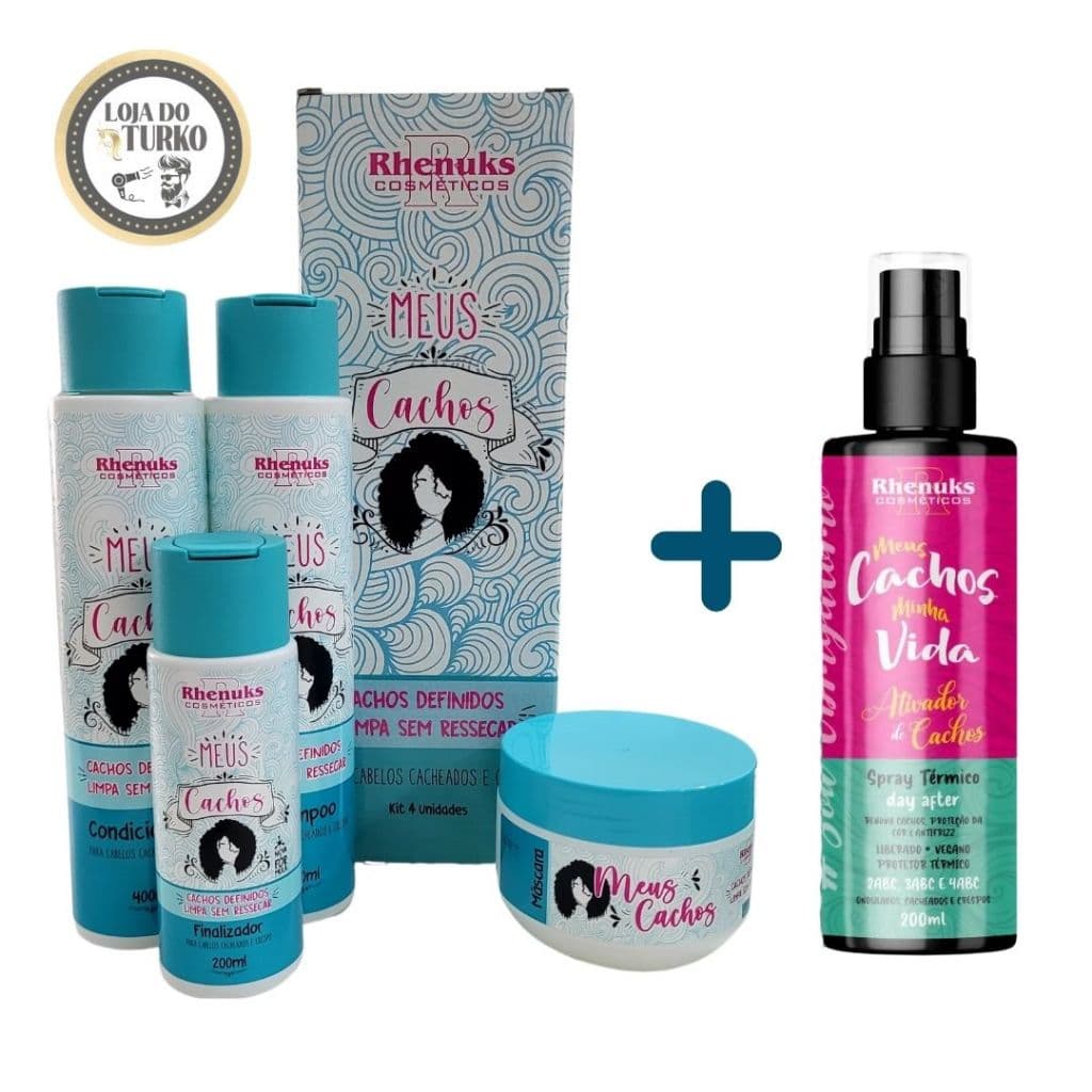 KIT CACHOS PERFEITOS RHENUKS - KIT CAPILAR MEUS CACHOS + SPRAY TÉRMICO MEUS CACHOS, MINHA VIDA