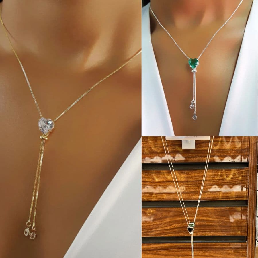 Colar com Formato Y de Coração  – Corrente Veneziana com Zircônia Cristal e Banho de Prata