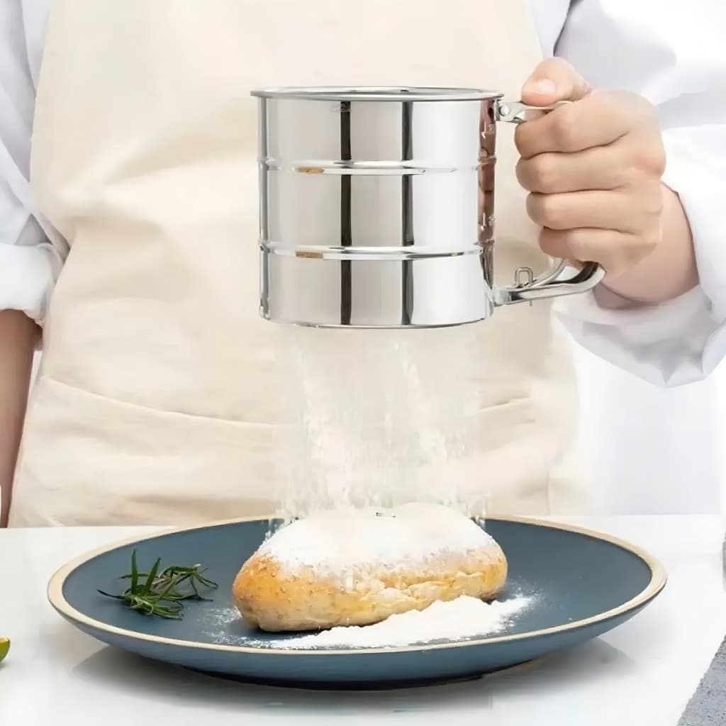Polvilhador Peneira Caneca Com Gatilho Manual Aço Inox