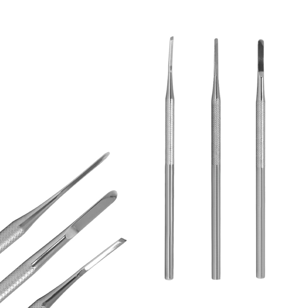 Kit com 3 Instrumentos Profissionais Espátulas Aço Inox para Desencravar Unhas e Podologia