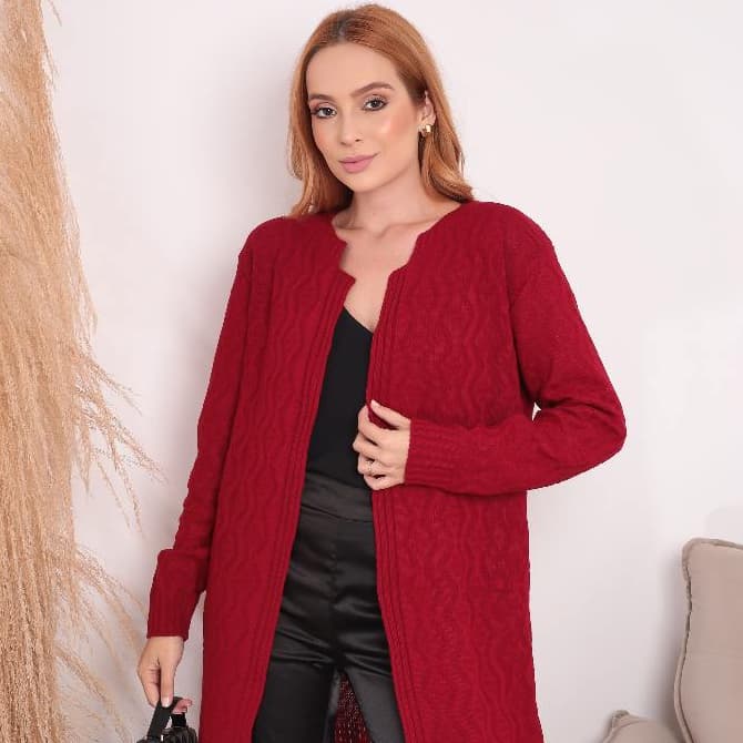 Casaco Cardigan Feminino Longo de Lã em Tricot tipo Kimono Clássico Atemporal Outono Inverno