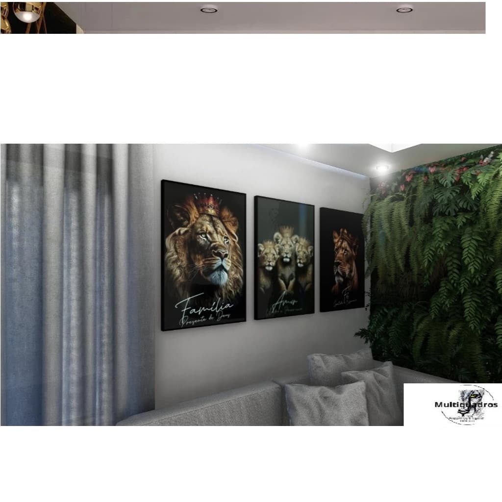 Quadros Leão Rei Familia Decorativo com Frase Filhotes 3 Peças 120x60 cm